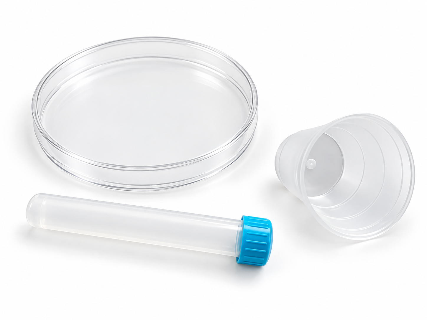 Three laboratory consumables made from recycled plastic